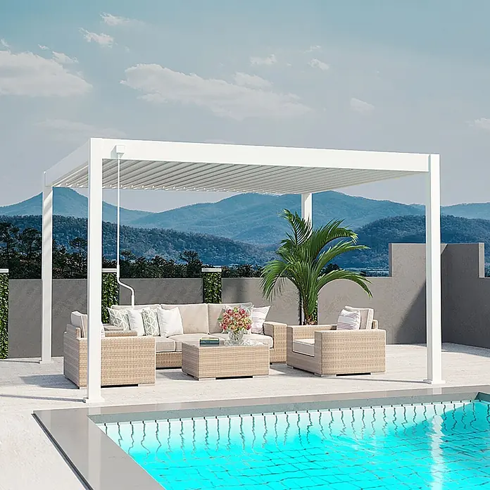 Weide Pergola Deluxe freistehend Aluminium 3,6 x 4 m Weiß - B x T: 400 x 360 cm, Farbe Gestell: Sandpapier FinishWeiss / RAL Farbcode 9016, Aluminium