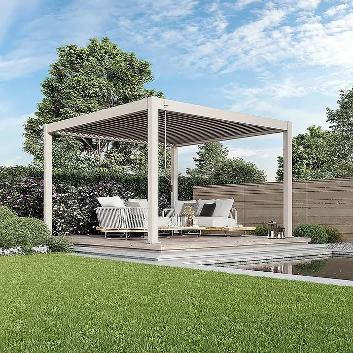 Weide Pergola Deluxe Plus freistehend Aluminium 4 x 4 m Ivory-Sand - B x T: 400 x 400 cm, Farbe Gestell: Sandpapier FinishIvory Sand / RAL Farbcode 7024, Aluminium