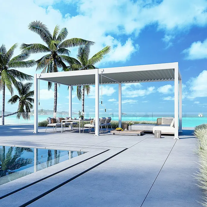 Weide Pergola Deluxe Pavillon Terrassenüberdachung Aluminium 3 x 6 M weiß - Farbe Gestell: Weiß, Metall