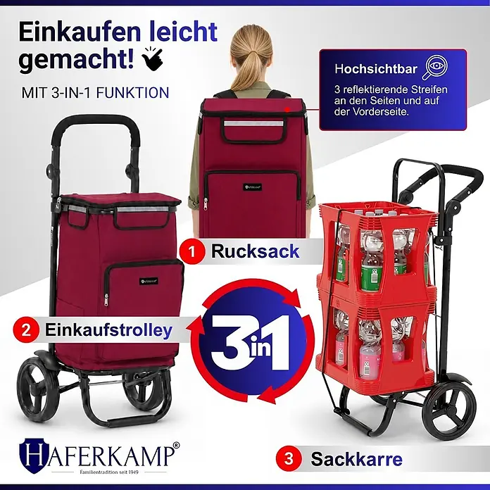Haferkamp Einkaufstrolley HAFERKAMP Klappbarer Einkaufstrolley TRAGINO 3-in1 Einkaufswagen - L x B x H: 37 x 46,5 x 100 cm