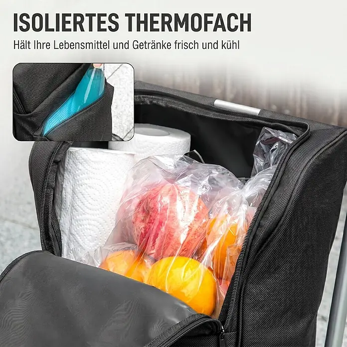 SONNENH Einkaufstrolley - L x B x H: 58 x 44 x 100 cm, Traglast: 25 kg, Schwarz - Schwarzes isoliertes Thermofach eines Trolleys, gefüllt mit Lebensmitteln, mit blauer Flasche in Seitentasche, hält frisch und kühl.