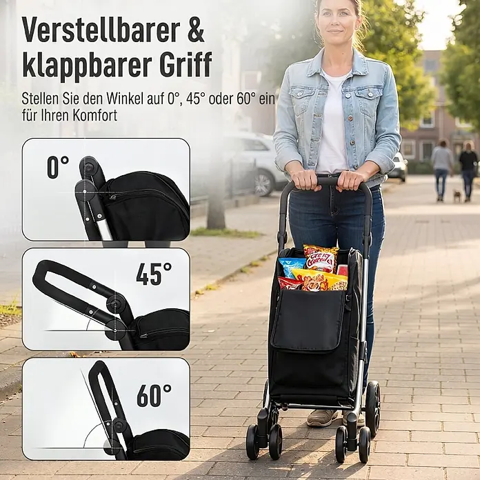 SONNENH Einkaufstrolley - L x B x H: 58 x 44 x 100 cm, Traglast: 25 kg, Schwarz - Schwarzer Einkaufstrolley mit verstellbarem Griff (0°, 45°, 60°), von einer Frau auf dem Gehweg genutzt für Komfort.