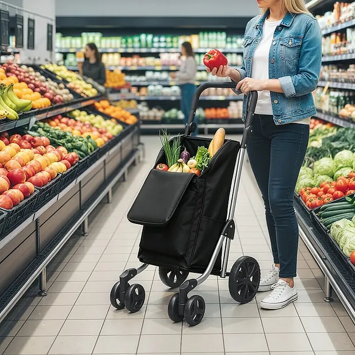 SONNENH Einkaufstrolley - L x B x H: 58 x 44 x 100 cm, Traglast: 25 kg, Schwarz - Schwarzer Einkaufstrolley, gefüllt mit Lebensmitteln, wird von einer Person im Supermarkt benutzt.