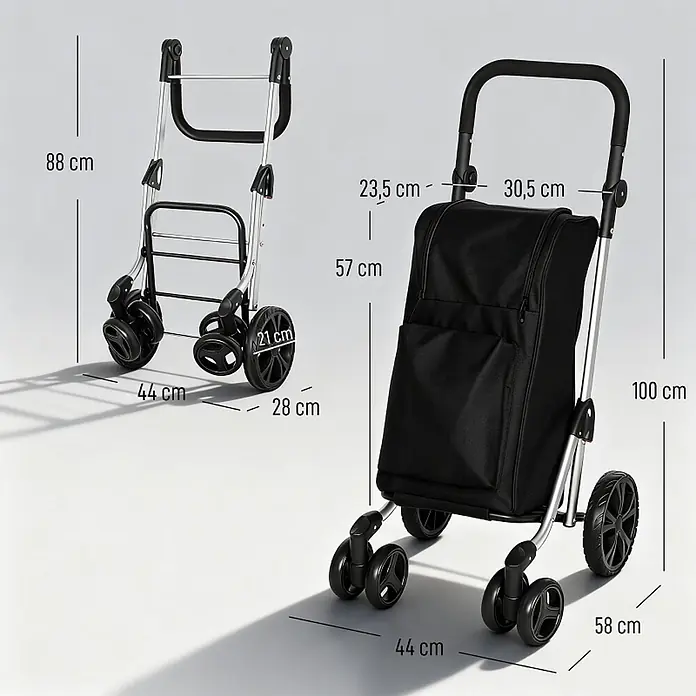 SONNENH Einkaufstrolley - L x B x H: 58 x 44 x 100 cm, Traglast: 25 kg, Schwarz - Klappbarer schwarzer Einkaufstrolley mit silbernem Gestell und 6 Rädern, aufgeklappt (100x44x58 cm) und zusammengeklappt (88x44x28 cm) mit Maßen.