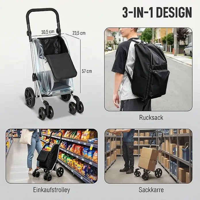 SONNENH Einkaufstrolley - L x B x H: 58 x 44 x 100 cm, Traglast: 25 kg, Schwarz - Schwarzer 3-in-1 Einkaufstrolley mit transparenter Tasche, als Rucksack und Sackkarre nutzbar.