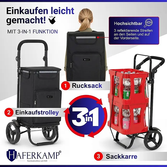 Haferkamp Einkaufstrolley HAFERKAMP Klappbarer Einkaufstrolley TRAGINO 3-in1 Einkaufswagen - L x B x H: 37 x 46,5 x 100 cm