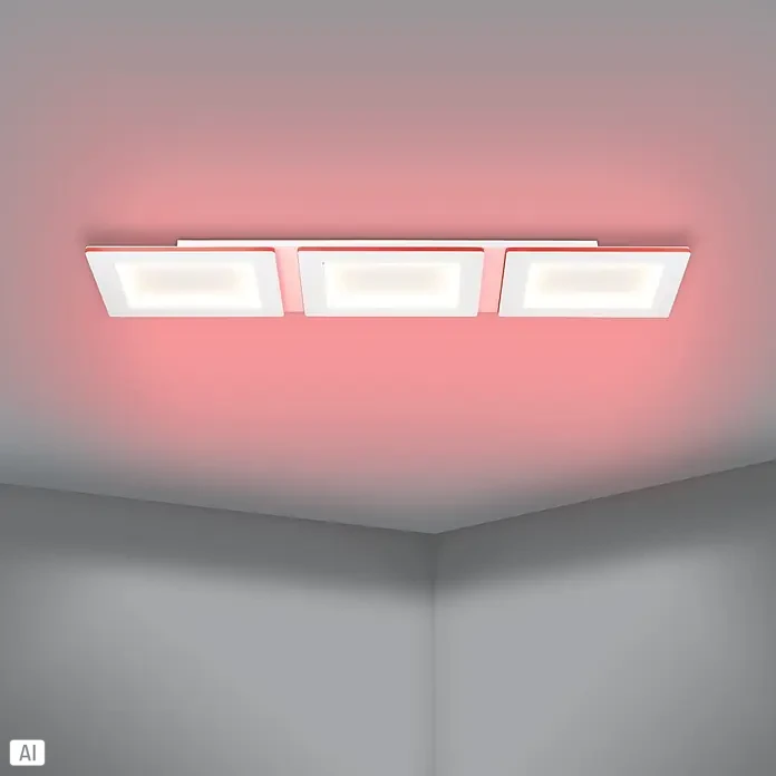 Eglo LED-Deckenleuchte Padrogiano - L x B x H: 120 x 30 x 5 cm, Kaltweiß, Stahl, Weiß, Dimmbar - Weiße rechteckige Deckenleuchte mit roten Akzenten und drei beleuchteten Paneelen.