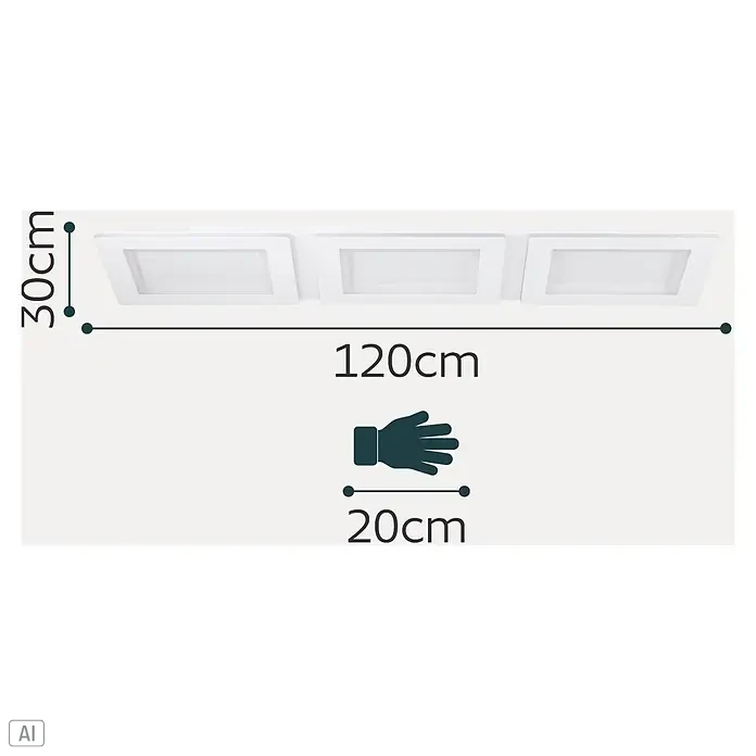 Eglo LED-Deckenleuchte Padrogiano - L x B x H: 120 x 30 x 5 cm, Kaltweiß, Stahl, Weiß, Dimmbar - Weiße rechteckige 3-Panel-Leuchte, 120 cm lang, 30 cm breit. Ein Handsymbol zeigt eine 20 cm Größenreferenz.