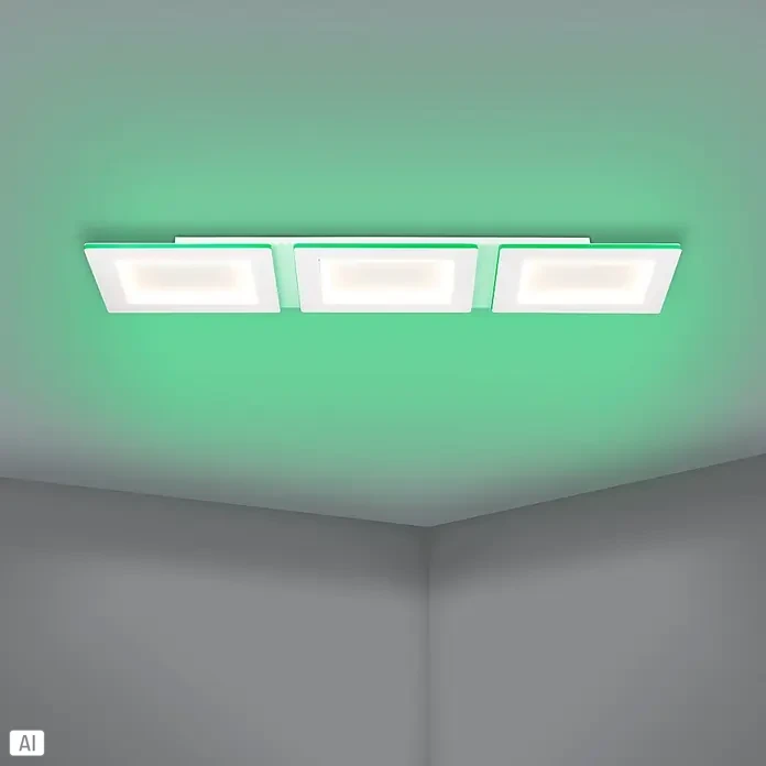 Eglo LED-Deckenleuchte Padrogiano - L x B x H: 120 x 30 x 5 cm, Kaltweiß, Stahl, Weiß, Dimmbar - Drei rechteckige Deckenleuchten mit beleuchteten Paneelen und grünen Akzenten.