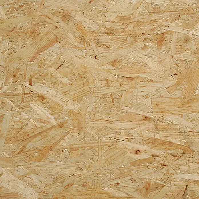 OSB-Platte Fixmaß stumpf I - Holzmix, 2.500 x 1.250 x 22 mm - Nahaufnahme einer OSB-Platte, die die Textur und das Muster der Holzspäne zeigt. Ideal für Bau- oder DIY-Projekte mit rustikalem Flair.