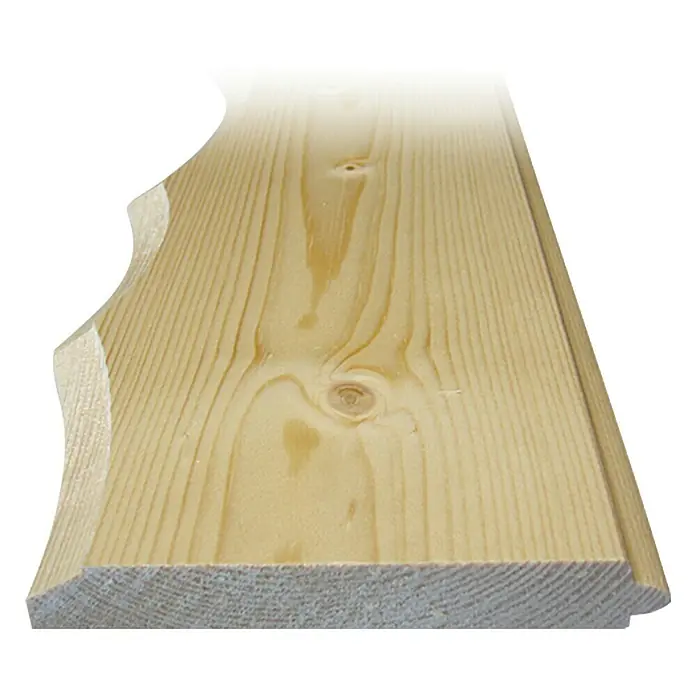 Zierblende mit Feder - Fichte/Tanne, 1.480 x 140 x 18 mm - Profilholzbrett aus hellem Holz mit Astloch und markanter Maserung. Ideal für rustikale Wand- und Deckenverkleidungen.