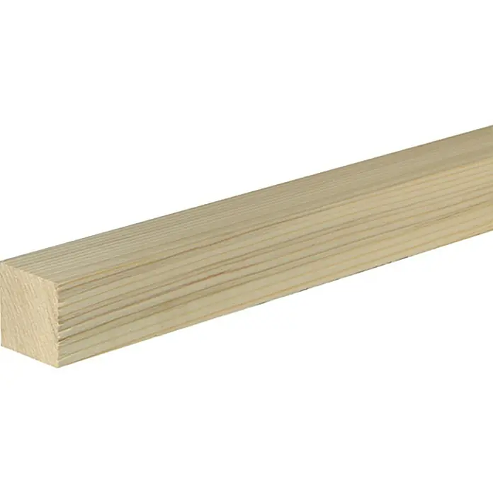 Quadratleiste - L x B x H: 240 x 4 x 4 cm, Nordische Fichte - Ein unbehandelter Holzpfosten aus hellem Holz mit sichtbarer Maserung. Ideal für DIY-Projekte und Konstruktionen.