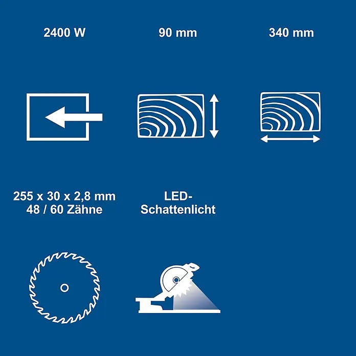Scheppach Kappzugsäge HM254 - 2.000 W, Durchmesser Sägeblatt: 255 mm, Leerlaufdrehzahl: 4.500 U/min - Informationsansicht