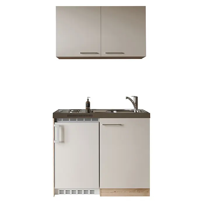 Respekta Miniküche Levin - Breite: 100 cm, Höhe: 200 cm, Kaschmir, Duo-Kochmulde - Kompakte Küchenzeile mit hellgrauen Schränken, Spüle, Kochfeld und Kühlschrank. Mit silbernen Griffen und Holzsockelblende.
