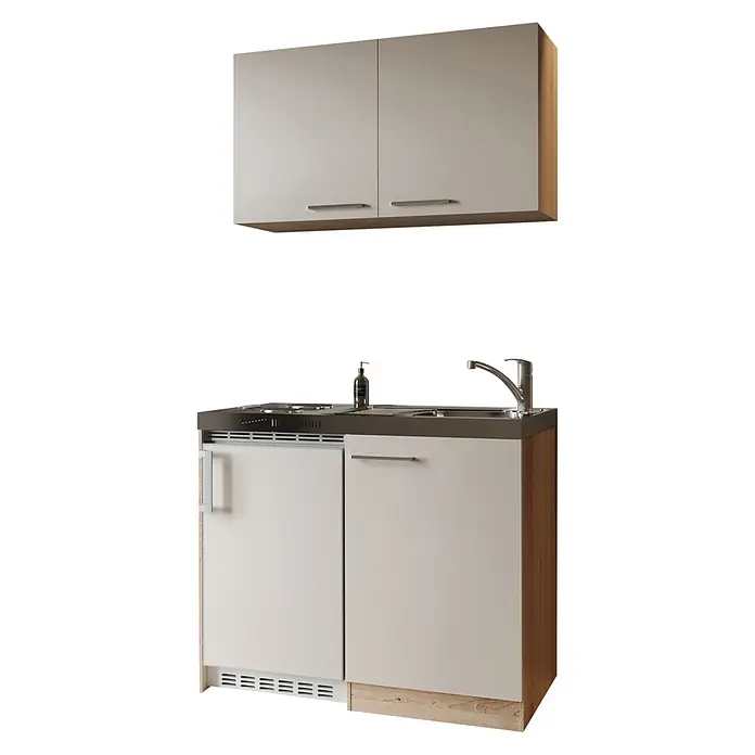 Respekta Miniküche Levin - Breite: 100 cm, Höhe: 200 cm, Kaschmir, Duo-Kochmulde - Kompakte Küchenzeile mit hellbeigen Schränken, dunkelgrauer Arbeitsplatte, integriertem Kühlschrank, Kochfeld, Spüle und passendem Oberschrank.