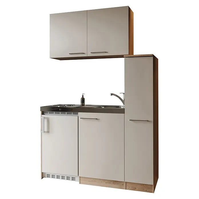 Respekta Miniküche Levin - Breite: 130 cm, Höhe: 200 cm, Kaschmir, Duo-Kochmulde - Kompakte Küchenzeile mit hellgrauen Schränken, Holzdetails, integriertem Kochfeld, Spüle und Unterbaugerät, sowie zwei Oberschränken.