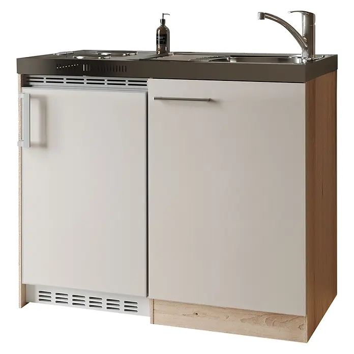 Respekta Miniküche Levin - Breite: 100 cm, Kaschmir, Duo-Kochmulde - Kompakte Küchenzeile mit hellbeigen Türen, dunkler Arbeitsplatte, integriertem Minikühlschrank, Spüle, Wasserhahn und Kochfeld auf Holzsockel.