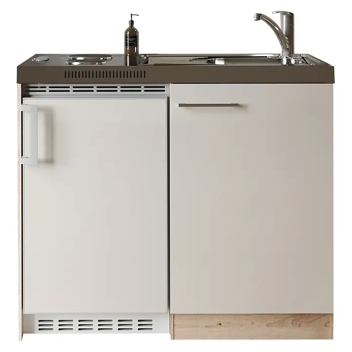 Respekta Miniküche Levin - Breite: 100 cm, Kaschmir, Duo-Kochmulde - Kompakte weiße Miniküche mit dunkelgrauer Arbeitsplatte, integriertem Kochfeld, Spüle und Chromarmatur, mit weißem Kühlschrank und Schrank, mit Holzsockel.