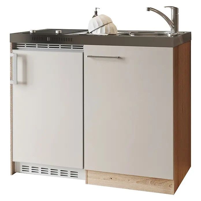 Respekta Miniküche Levin - Breite: 100 cm, Kaschmir, Glaskeramikkochfeld - Kompakte Küchenzeile mit Minikühlschrank, Spüle, Wasserhahn, weißen Schränken und Holzoptik-Details.