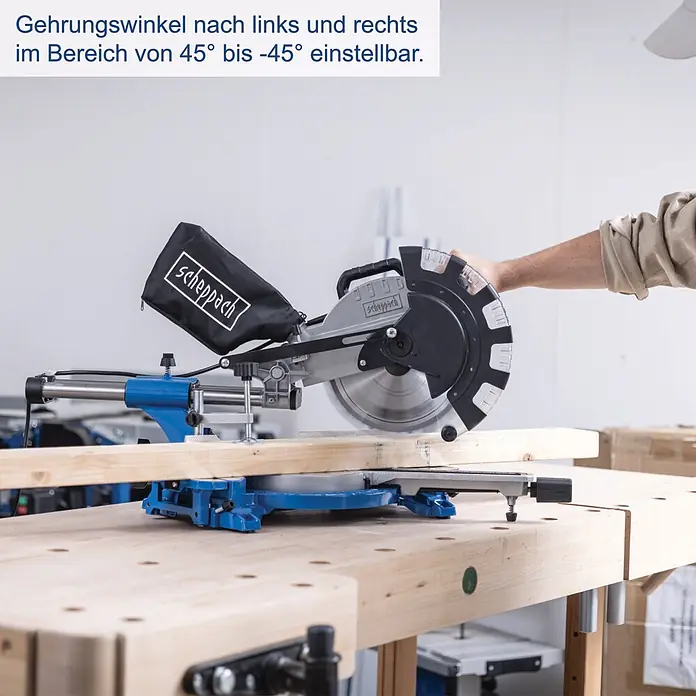 Scheppach Kappzugsäge HM254 - 2.000 W, Durchmesser Sägeblatt: 255 mm, Leerlaufdrehzahl: 4.500 U/min - Informationsansicht