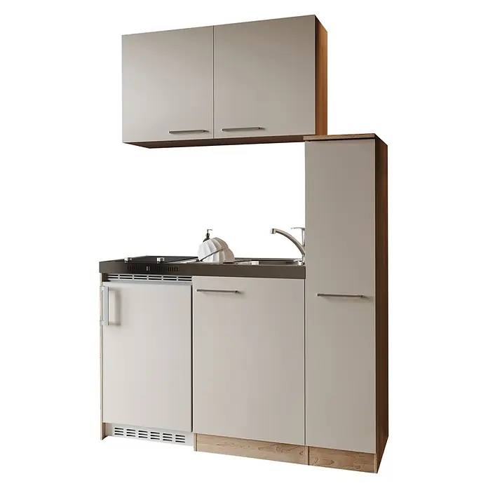 Respekta Miniküche Levin - Breite: 130 cm, Höhe: 200 cm, Kaschmir, Glaskeramikkochfeld - Kompakte, hellgraue Miniküche mit Holzakzenten, Ober- und Unterschränken, Spüle, Kochfeld, Kühlschrank und Hochschrank.