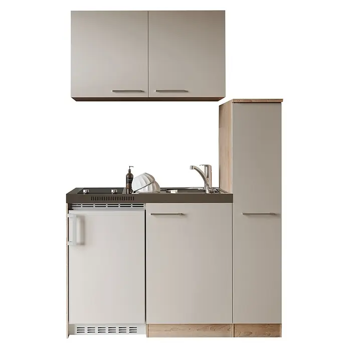 Respekta Miniküche Levin - Breite: 130 cm, Höhe: 200 cm, Kaschmir, Glaskeramikkochfeld - Kompakte Küchenzeile in Hellbeige mit dunkler Arbeitsplatte, Spüle, Kochfeld, integriertem Kühlschrank, Holzsockel und Oberschränken.