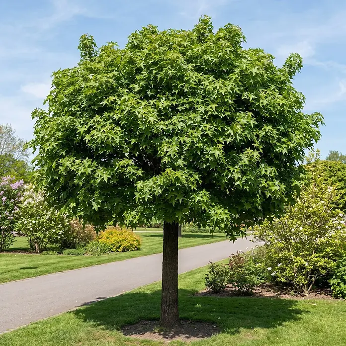 Piardino Amberbaum Gum ball - Liquidambar styraciflua, Aktuelle Wuchshöhe: 150 cm, Stammhöhe: 90 cm - Ein üppiger grüner Baum mit kräftigem Stamm steht in einem Park und wirft Schatten auf das Gras neben einem gepflasterten Weg.