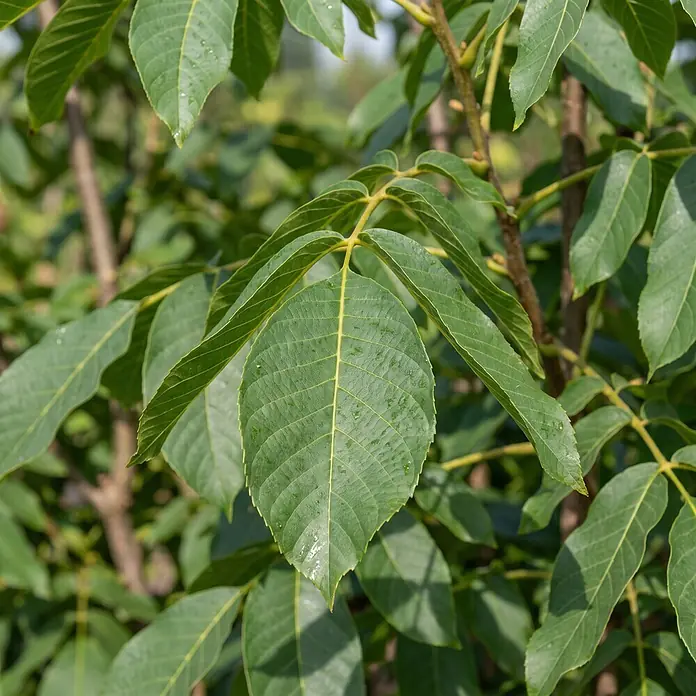 Piardino Walnussbaum Broadview - Juglans regia, Aktuelle Wuchshöhe: 200 cm - Nahaufnahme leuchtend grüner gefiederter Blätter an einem Ast, mit sichtbaren Wassertropfen.