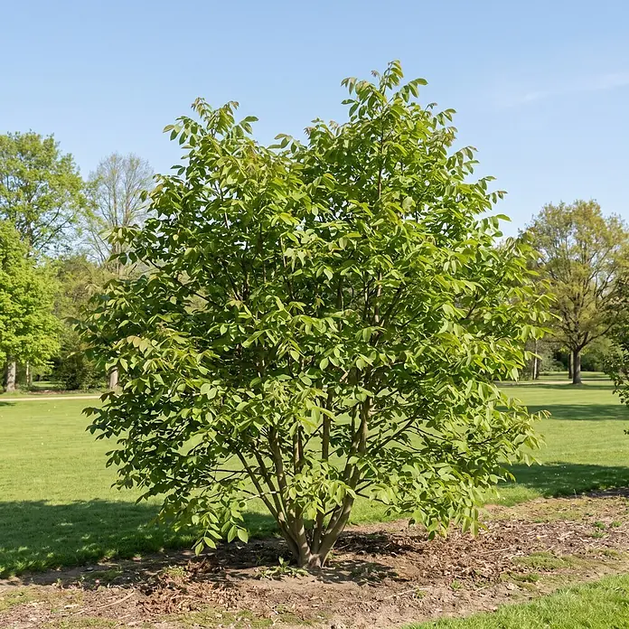 Piardino Walnussbaum Broadview - Juglans regia, Aktuelle Wuchshöhe: 200 cm - Ein junger, lebendig grüner Baum steht in einem sonnigen Park mit weiteren Bäumen und blauem Himmel im Hintergrund.