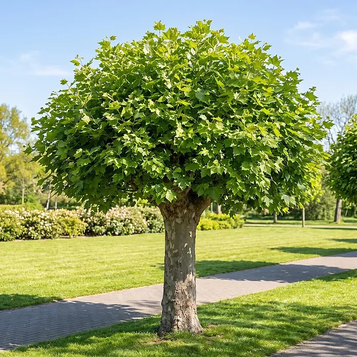 Piardino Platane - Platanus hispanica Alphens Globe, Aktuelle Wuchshöhe: 200 cm, Stammhöhe: 150 cm - Ein großer, gepflegter Baum mit leuchtend grünen Blättern und einem gefleckten Stamm steht in einem sonnigen Park neben einem gepflasterten Weg.