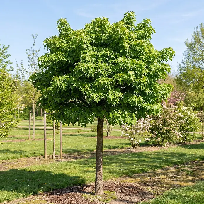 Piardino Amberbaum Gum ball - Liquidambar styraciflua, Aktuelle Wuchshöhe: 170 cm, Stammhöhe: 120 cm - Junger Baum mit leuchtend grünen, sternförmigen Blättern und geradem Stamm in einem sonnigen Park.