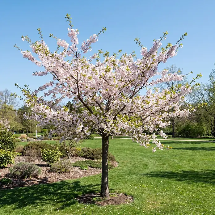 Piardino Zierkirsche - Prunus incisa 'Cunera', Aktuelle Wuchshöhe: 200 cm, Stammhöhe: 150 cm - Junger Kirschbaum in voller Blüte mit rosa Blüten, unter klarem blauem Himmel in einem sonnigen Park.