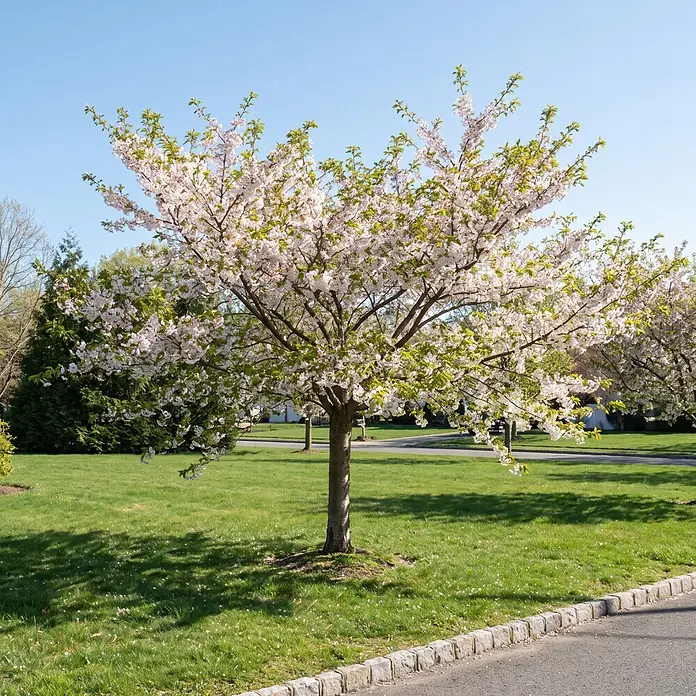 Piardino Zierkirsche - Prunus nipponica 'Brillant', Aktuelle Wuchshöhe: 170 cm, Stammhöhe: 120 cm - Ein wunderschöner, voller Kirschblütenbaum mit hellrosa und weißen Blüten, auf einer grünen Wiese unter klarem blauem Himmel.