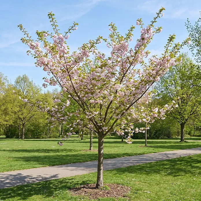 Piardino Zierkirsche - Prunus subhirtella Autumnalis, Aktuelle Wuchshöhe: 200 cm, Stammhöhe: 150 cm - Ein Kirschbaum in voller rosa Blüte steht in einem sonnigen Park mit gepflastertem Weg, umgeben von grünen Bäumen und Gras.