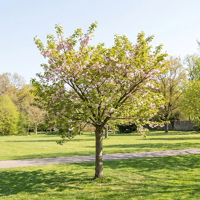 Piardino Zierkirsche - Prunus subhirtella 'Autumnalis Rosea', Aktuelle Wuchshöhe: 170 cm, Stammhöhe: 120 cm - Ein blühender Baum mit rosa Blüten und grünen Blättern steht mittig in einem sonnigen Park mit Rasenfläche und gepflastertem Weg.