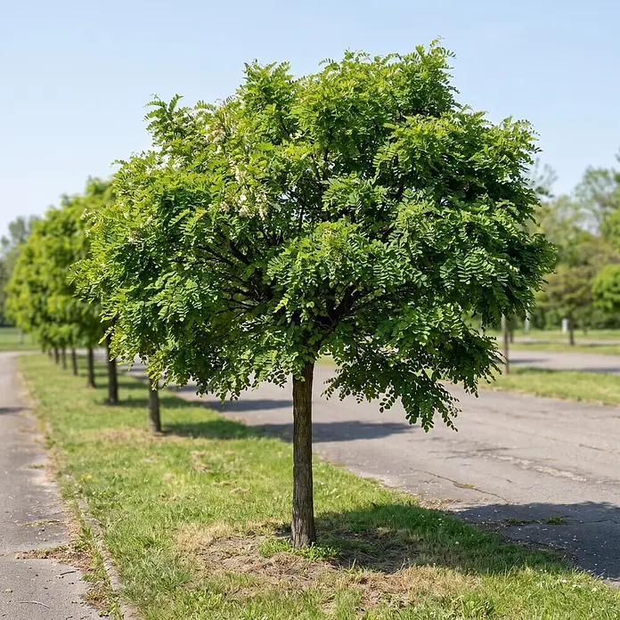 Piardino Kugel-Robinie - Robinia pseudoacacia Umbraculifera, Aktuelle Wuchshöhe: 200 cm, Stammhöhe: 150 cm - Ein einzelner Baum mit üppig grünen Blättern und weißen Blüten steht neben einem Asphaltweg, Teil einer Baumreihe in einem Park.