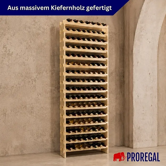 Proregal Flaschenregal Weinregal NAVARRA aus Holz 128 Flaschen auf 16 Ebenen Natur unbehandelt - L x B x H: 28 x 84 x 219 cm, Holz, Anzahl Böden: 1 Stk. - Hohes Weinregal aus massivem Kiefernholz, naturfarben, gefüllt mit mehreren Reihen Weinflaschen.