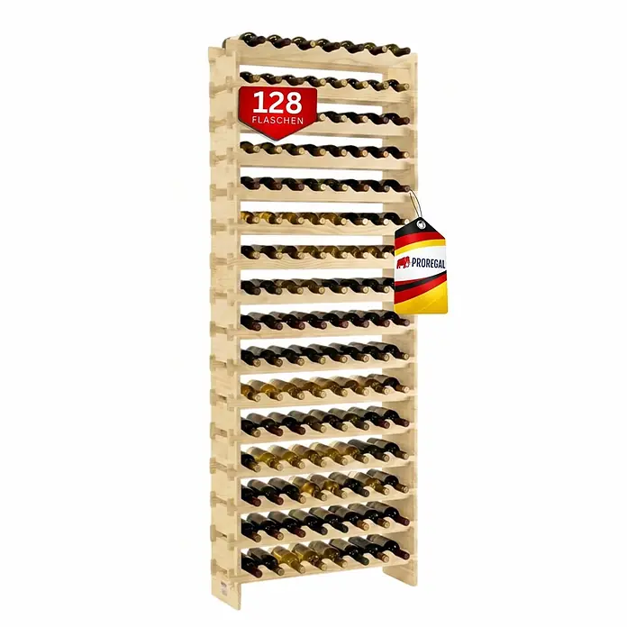 Proregal Flaschenregal Weinregal NAVARRA aus Holz 128 Flaschen auf 16 Ebenen Natur unbehandelt - L x B x H: 28 x 84 x 219 cm, Holz, Anzahl Böden: 1 Stk. - Hohes Weinregal aus hellem Holz, voll bestückt mit 128 Weinflaschen. Mit '128 Flaschen' und 'PROREGAL' Etiketten.