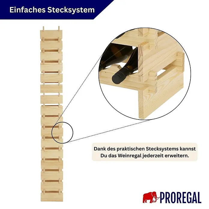 Proregal Flaschenregal Weinregal NAVARRA aus Holz 64 Flaschen auf 16 Ebenen Natur unbehandelt - L x B x H: 28 x 46 x 219 cm, Holz, Anzahl Böden: 1 Stk.