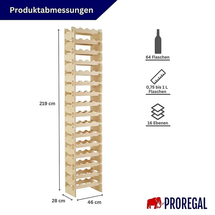 Proregal Flaschenregal Weinregal NAVARRA aus Holz 64 Flaschen auf 16 Ebenen Natur unbehandelt - L x B x H: 28 x 46 x 219 cm, Holz, Anzahl Böden: 1 Stk.