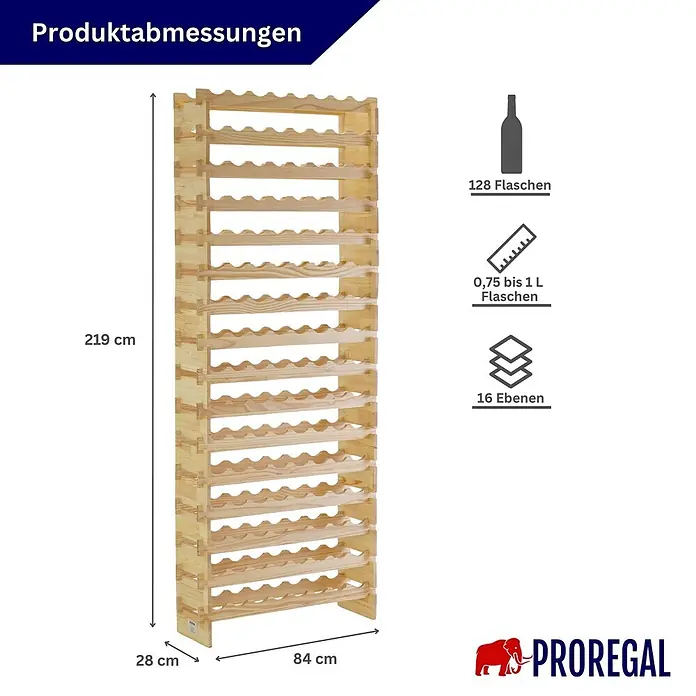 Proregal Flaschenregal Weinregal NAVARRA aus Holz 128 Flaschen auf 16 Ebenen Natur unbehandelt - L x B x H: 28 x 84 x 219 cm, Holz, Anzahl Böden: 1 Stk. - Hohes Weinregal aus Holz mit 16 Ebenen, fasst 128 Flaschen. Maße: 219 cm hoch, 84 cm breit, 28 cm tief.
