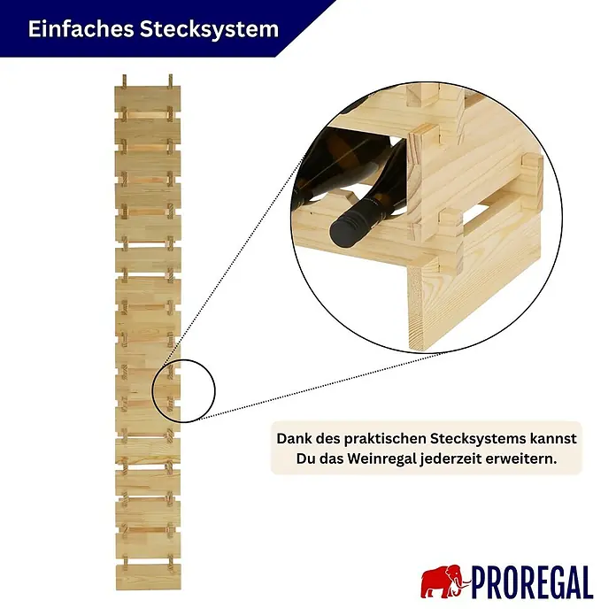 Proregal Flaschenregal Weinregal NAVARRA aus Holz 128 Flaschen auf 16 Ebenen Natur unbehandelt - L x B x H: 28 x 84 x 219 cm, Holz, Anzahl Böden: 1 Stk. - Modulares Weinregal aus hellem Holz, mit Detailaufnahme von Flaschen. Das System ist erweiterbar.