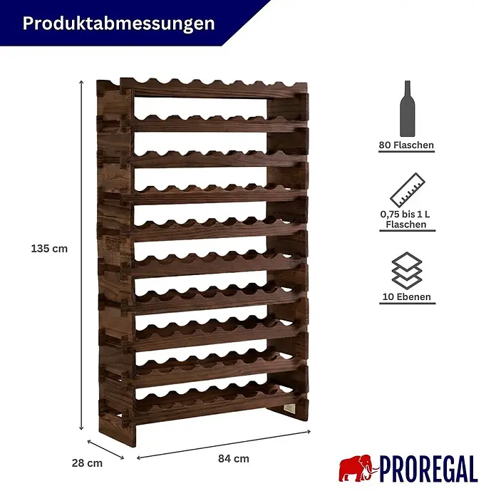 Proregal Flaschenregal Weinregal NAVARRA aus Holz 80 Flaschen auf 10 Ebenen Braun geölt - L x B x H: 28 x 84 x 135 cm, Holz, Anzahl Böden: 1 Stk.
