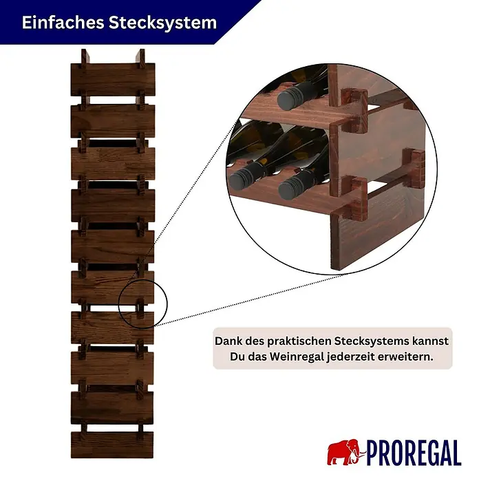 Proregal Flaschenregal Weinregal NAVARRA aus Holz 80 Flaschen auf 10 Ebenen Braun geölt - L x B x H: 28 x 84 x 135 cm, Holz, Anzahl Böden: 1 Stk.