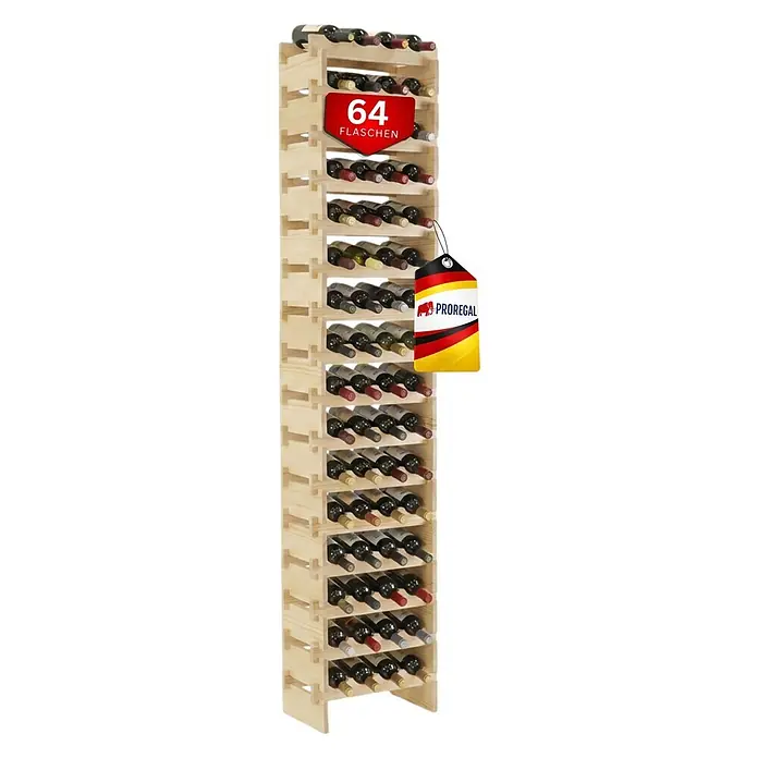 Proregal Flaschenregal Weinregal NAVARRA aus Holz 64 Flaschen auf 16 Ebenen Natur unbehandelt - L x B x H: 28 x 46 x 219 cm, Holz, Anzahl Böden: 1 Stk.