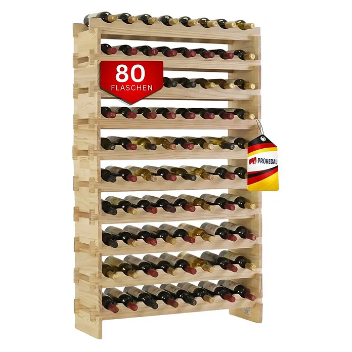 Proregal Flaschenregal Weinregal NAVARRA aus Holz 80 Flaschen auf 10 Ebenen Natur unbehandelt - L x B x H: 28 x 84 x 135 cm, Holz, Anzahl Böden: 1 Stk.
