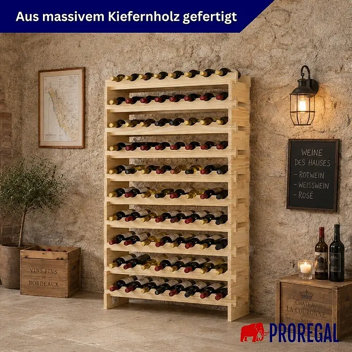 Proregal Flaschenregal Weinregal NAVARRA aus Holz 80 Flaschen auf 10 Ebenen Natur unbehandelt - L x B x H: 28 x 84 x 135 cm, Holz, Anzahl Böden: 1 Stk.
