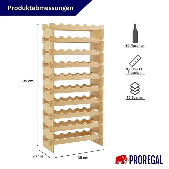 PROREGAL Weinregal NAVARRA aus Holz 135x65x28cm 60 Flaschen auf 10 Ebenen schmal Flaschenregal freistehend Massives Kiefernholz Natur unbehandelt -  - Weinregal aus Naturholz für 60 Flaschen (0,75-1L) auf 10 Ebenen, 135x65x28 cm (HxBxT).