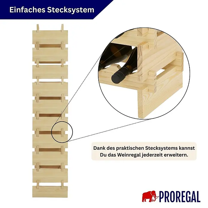 PROREGAL Weinregal NAVARRA aus Holz 135x65x28cm 60 Flaschen auf 10 Ebenen schmal Flaschenregal freistehend Massives Kiefernholz Natur unbehandelt -  - Modulares Weinregal aus hellem Holz, erweiterbar durch Stecksystem.