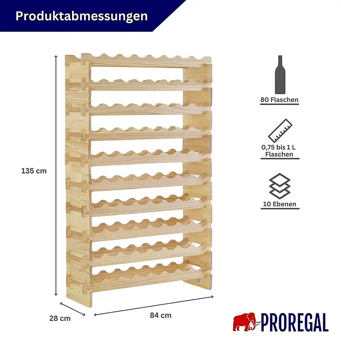 Proregal Flaschenregal Weinregal NAVARRA aus Holz 80 Flaschen auf 10 Ebenen Natur unbehandelt - L x B x H: 28 x 84 x 135 cm, Holz, Anzahl Böden: 1 Stk.